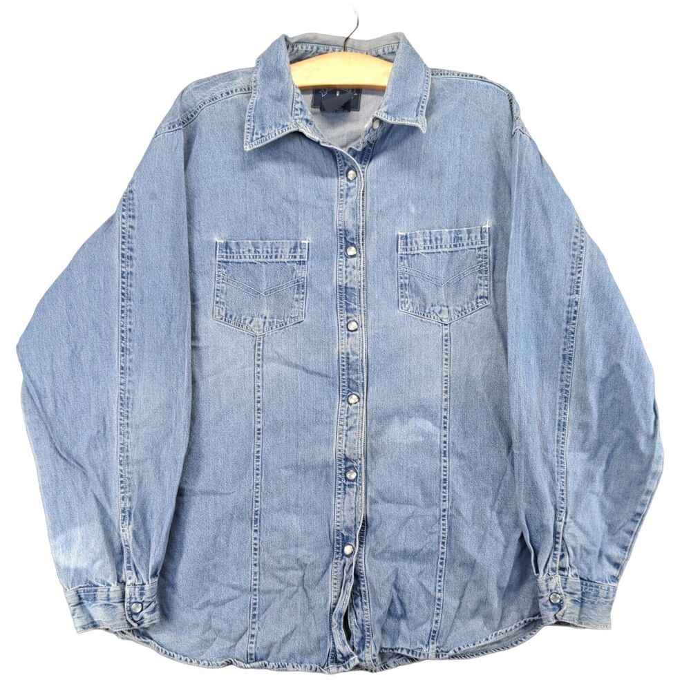 Solutions Denim Shirt Mens Size XL Blue Pearl Snaps Collared